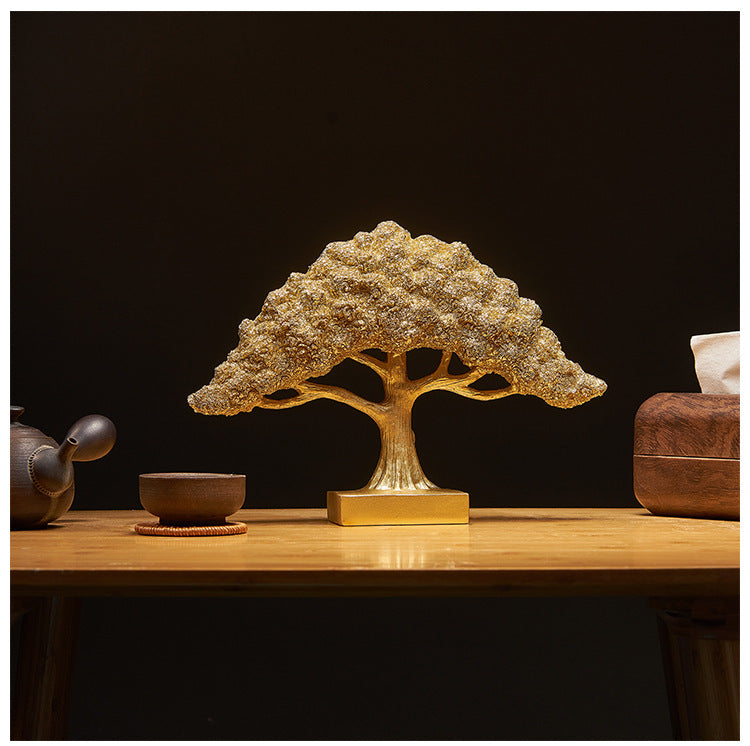 Elegant golden tree statue for shelf and tabletop display
